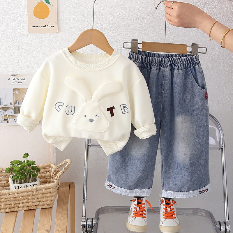 Girls' Sweatshirt 2026 New Fashionable Children's Outfit Baby Long-Eared Rabbit Clothes Spring and Autumn Two-Piece Set Trendy