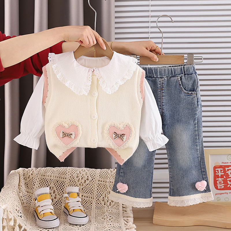 2026 New Fashionable Clothes Girls: Lace Heart Sweater Three-Piece Set, Stylish Outfit for Children, Spring and Autumn Set