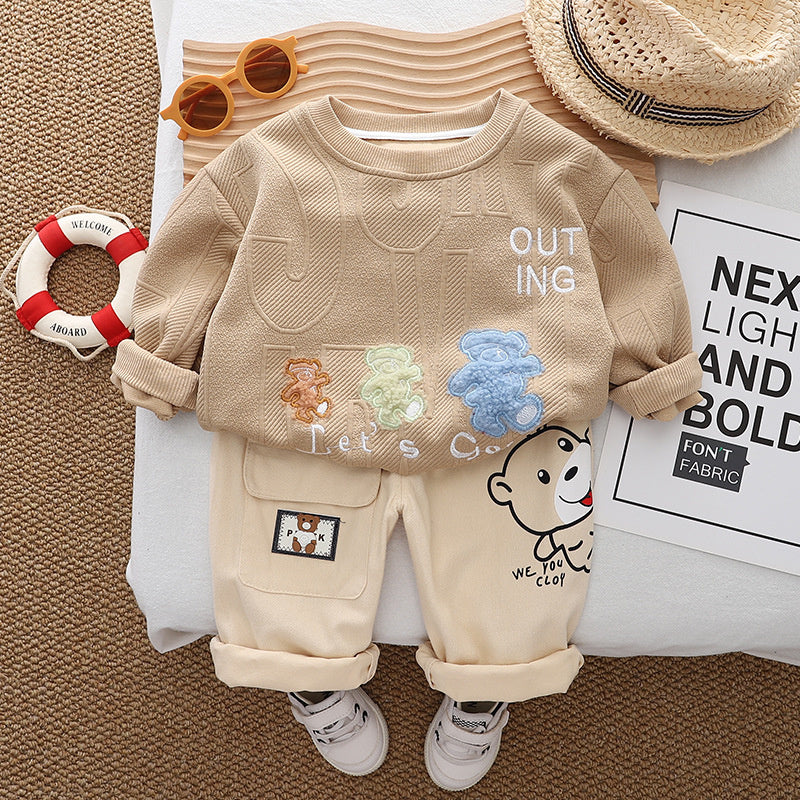Infant Spring and Autumn Round Neck Children's Clothing Boys New Long Sleeve Three Bears Sweatshirt Two-Piece Set One Piece Dropshipping