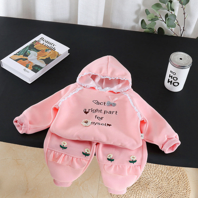 Girls' Outfit 2026 New Style Children's Spring and Autumn Fashionable Lace Hoodie Sweatshirt Two-Piece Set Baby Casual Wear