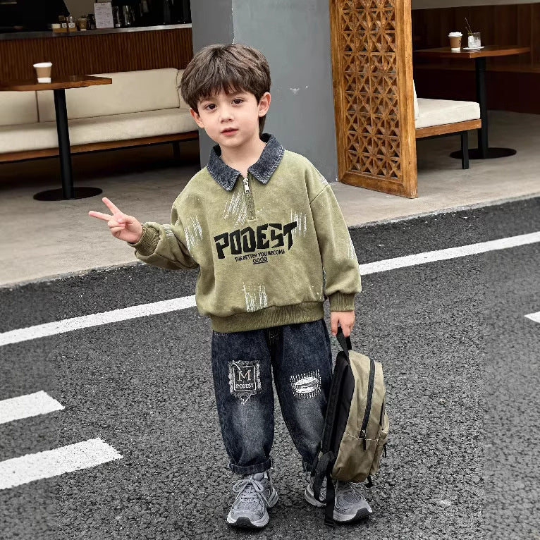 Boys' Outfit 2026 New Fashionable Children's Spring and Autumn Clothes Baby Boy's Foam Letter Sweatshirt Two-Piece Set