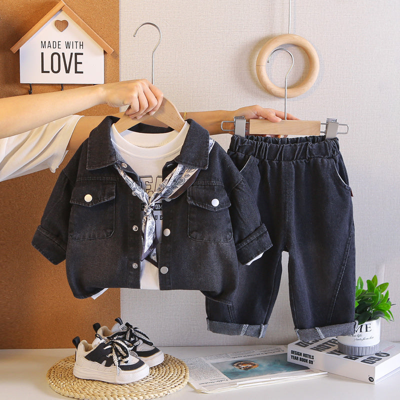 Boys' 2026 Autumn Fashionable Outfits, Trendy Children's Clothing, Baby Long-Sleeve 1-Year-Old Boy Denim Three-Piece Set