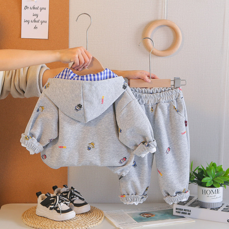 Boys' and Autumn Outfit 2026 New Children's Spring Hooded Cartoon Three-Piece Set Casual Clothes for Boys