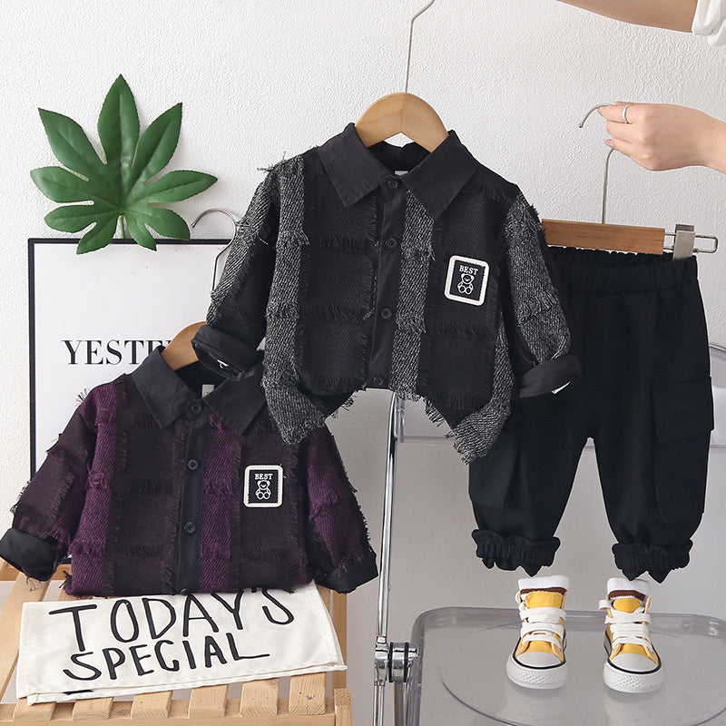 Boys' trendy and autumn style, children's fluffy plaid clothing, stylish baby outfit, two-piece spring outfit for boys