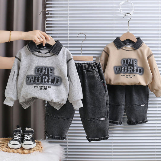 Children's Outfit 2026 New Style Boys' Stylish Detachable Denim Collar Letter Two-Piece Set Baby Spring and Autumn Clothing