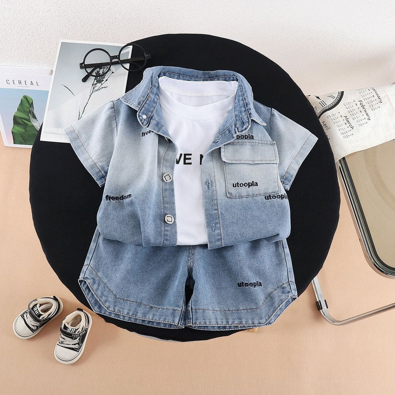 Boys Outfit 2026 New Fashionable Trendy Baby Summer Clothes Children's Denim Short Sleeve Three-Piece Set
