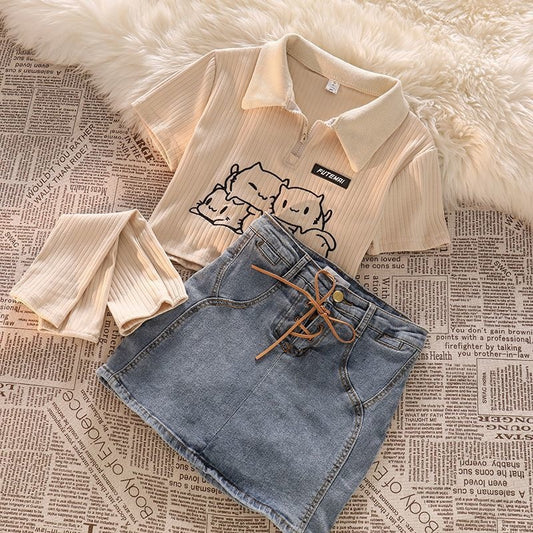Girls' Sweet Style Streetwear Set Summer 2024 New Short POLO Collar Top and Denim Skirt Trendy Outfit