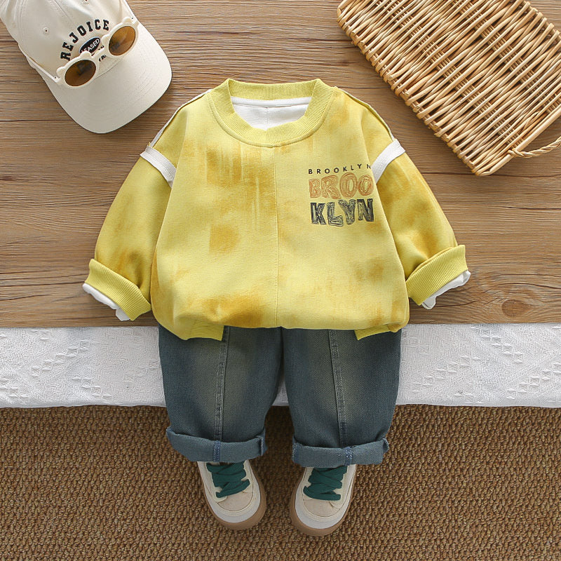 Boys' Spring and Autumn Sports Tie-Dye English Sweatshirt Two-Piece Set Children's Casual Long-Sleeve Clothes Baby Stylish Outfit