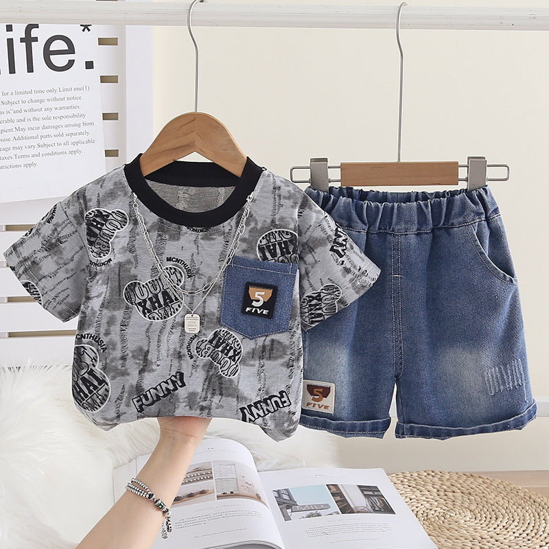 Boys' Summer Outfit Stylish Children's Full-Print Bear Head Short-Sleeve Two-Piece Set, 2026 New Fashionable Casual Clothes for Handsome Little Boys