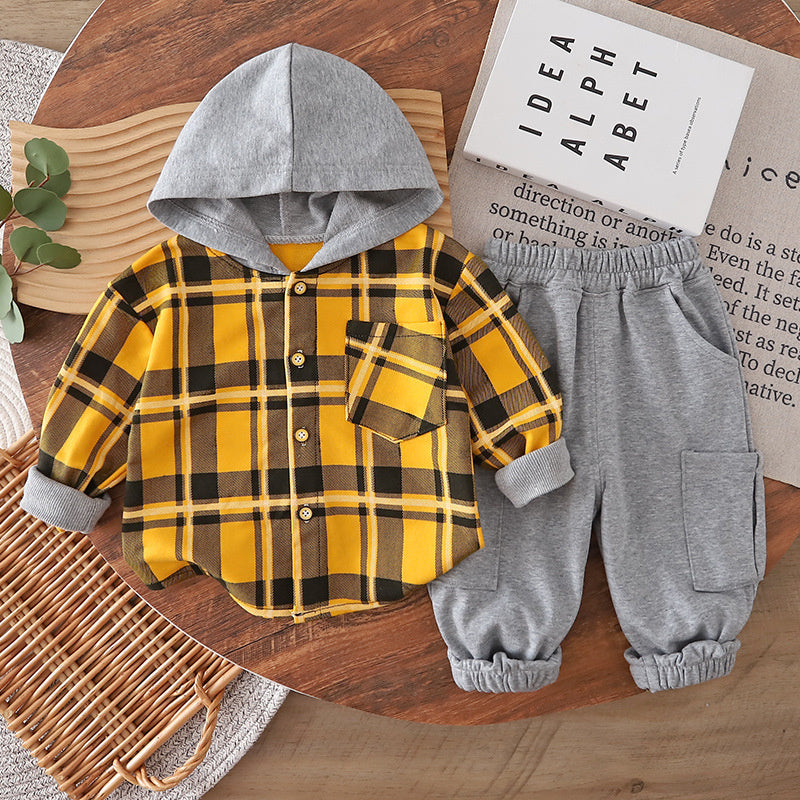 and Autumn Casual Hooded Plaid Shirt Set for Toddlers 1-3 Years Old, Baby Outerwear, Boys' Spring Outfit