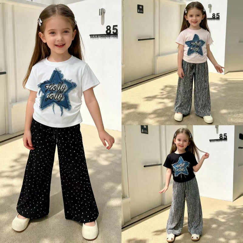 Children's Summer Stylish Outfit 2026 New Girls' Casual Rhinestone Star Short Sleeve Long Pants Two-Piece Set