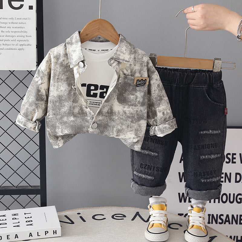Spring and Outfit 2026 New Style Boys' Autumn Clothes Children's Korean Version Full-Print Round Pocket Three-Piece Set Trendy Wholesale