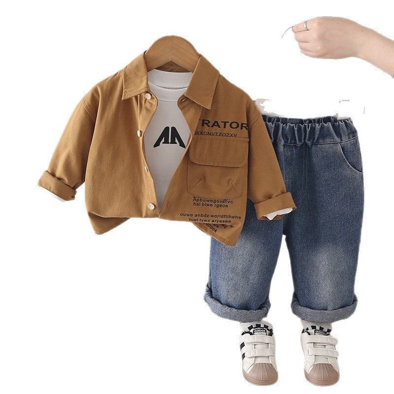 Boys' Outfit 2026 New Fashionable Children's Autumn Clothing Baby Korean Style Solid Color Letter Jacket Three-Piece Set Trendy