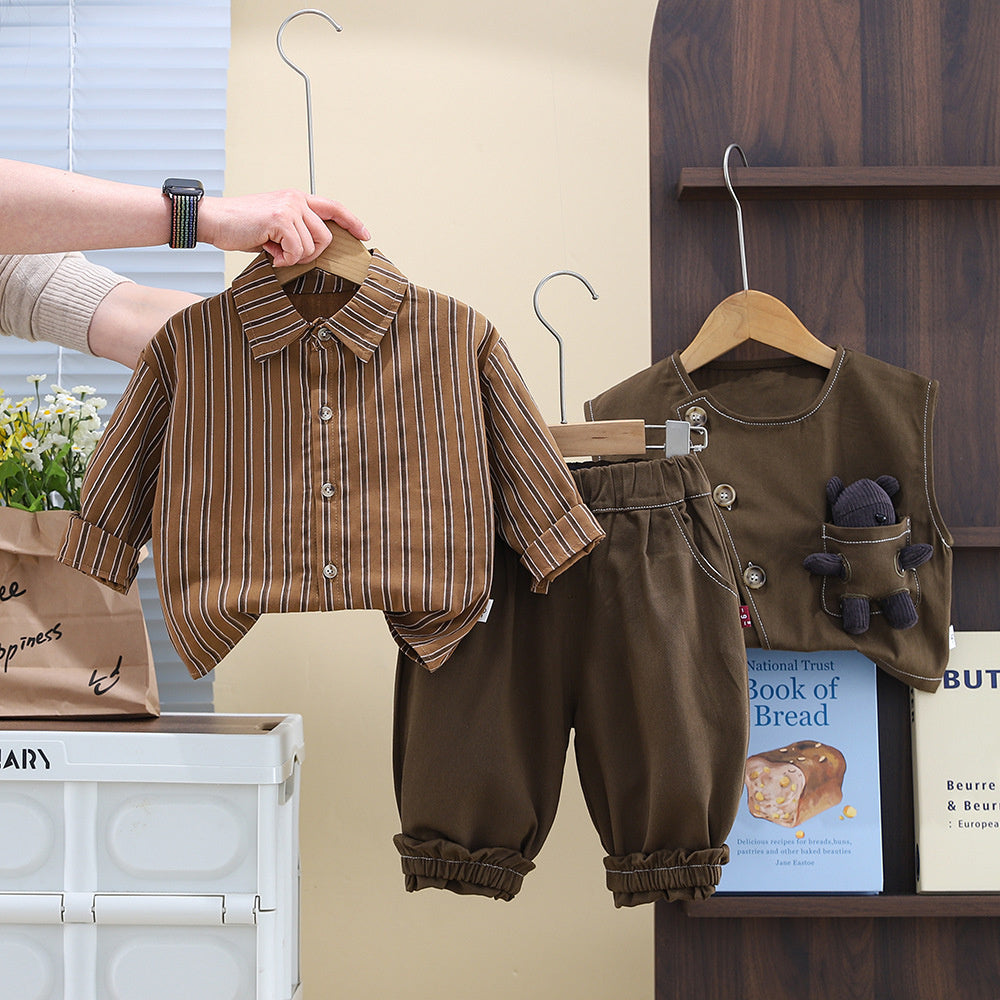 Baby Boy and Autumn Outfit 2025 New Spring 3D Bear Striped Shirt Vest Three-Piece Set Children's Clothing