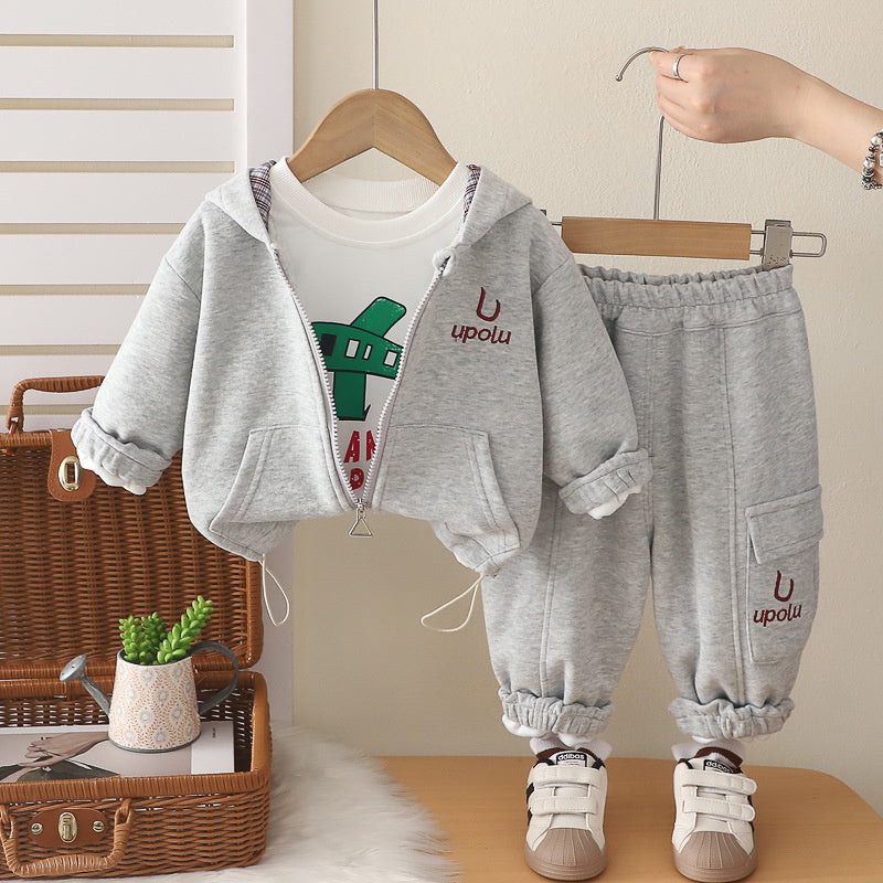 Boys' Outfit 2026 New Fashionable Children's Clothing Spring and Autumn Cartoon Airplane Three-Piece Set