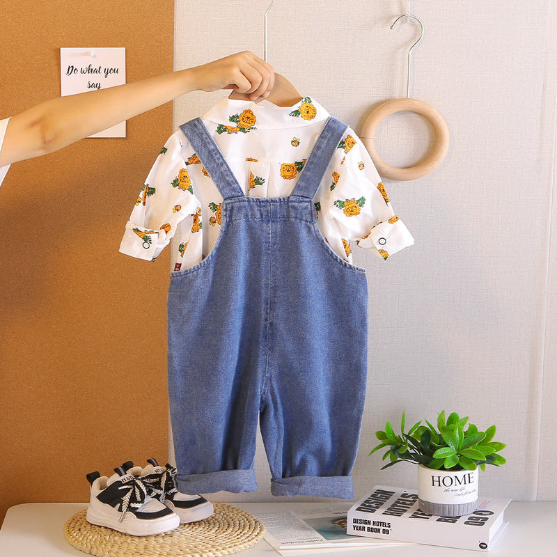 Boys' Cartoon Outfit 2026 New Fashionable Baby Long-Sleeve Denim Overalls Spring and Autumn Two-Piece Set