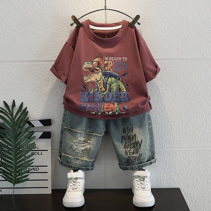 Boys' Outfit 2024 New Trendy Cool Boy Fashion Dinosaur Children's Clothing Summer Thin Two-Piece Set