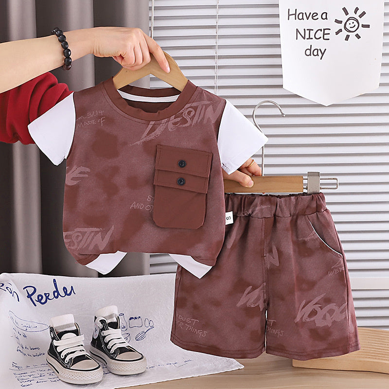 Boys' Summer Outfit 2026 New Fashionable Toddler Stylish Double Pocket Short Sleeve Baby Boy Two-Piece Set Trendy