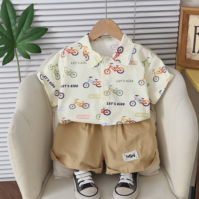 Boys' Outfit 2026 New Children's Cartoon Bicycle Shirt Short Sleeve Baby Summer Casual Two-Piece Set