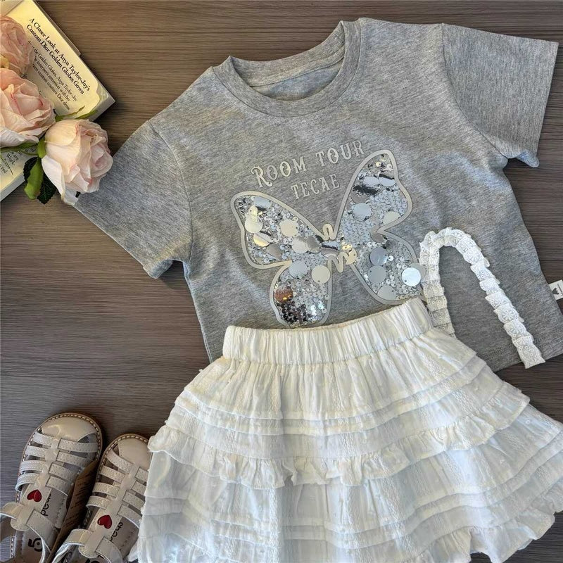 Girls' Summer Outfit 2025 New Fashionable Sequin Butterfly Short Sleeve Children's Fashion Skirt Two-Piece Set for Baby Girls