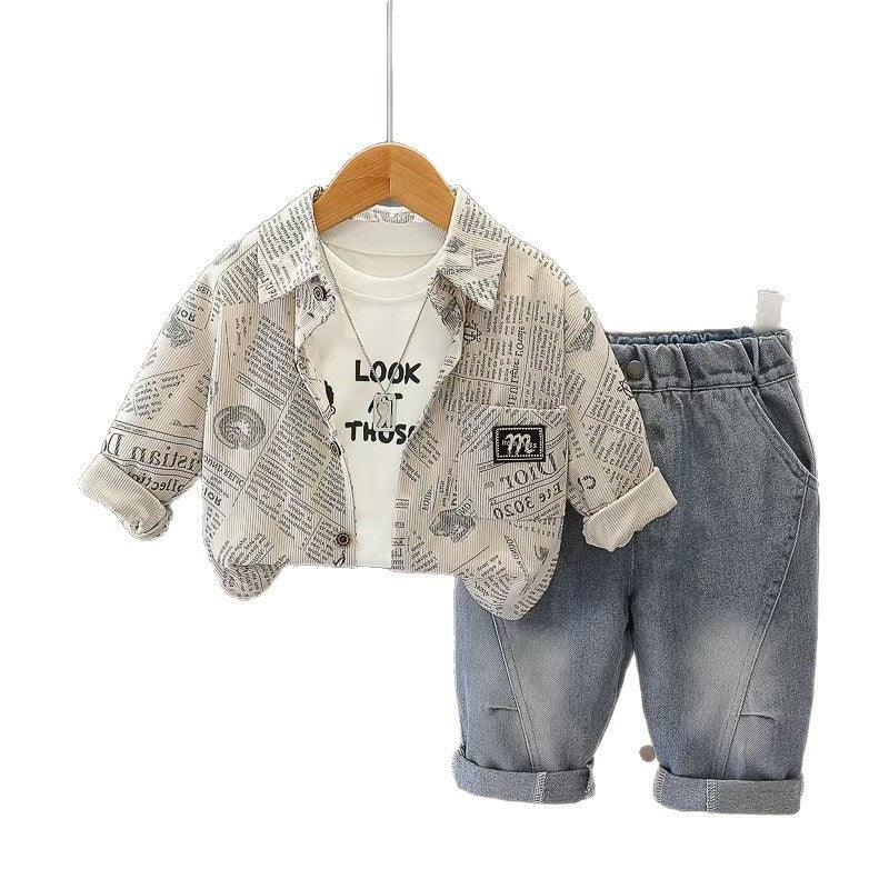 Outfit 2026 New Children's Jacket Boys' Spring and Autumn Stylish Baby Lapel Letter Three-Piece Set
