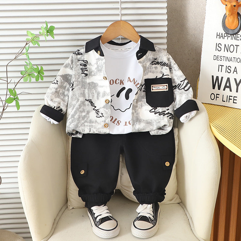 Baby Spring and Letter Shirt Three-Piece Set 2025 New Stylish Toddler Casual Autumn Korean Version Children's Clothing