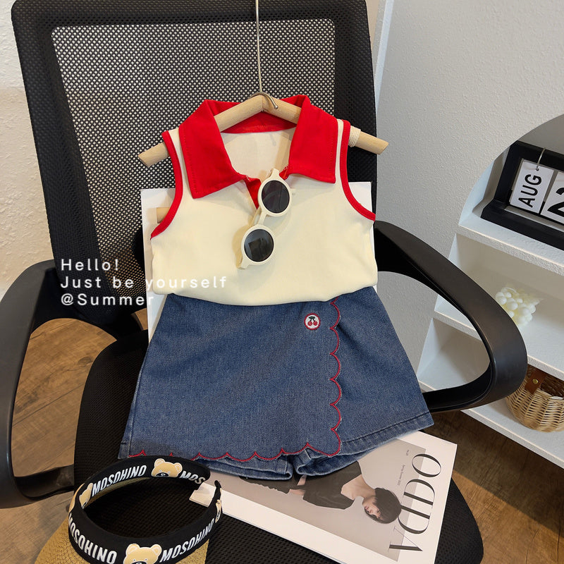 Cute Summer Two-Piece Set for Girls: Fashionable Collared Vest Top with Lace and Embroidered Jeans