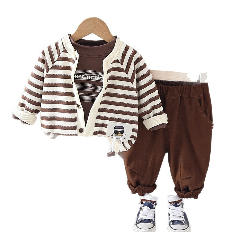 Boys' Outfit Stylish One-Year-Old Baby Spring and Autumn Striped Cardigan Three-Piece Set Infant Toddler Clothing Trendy