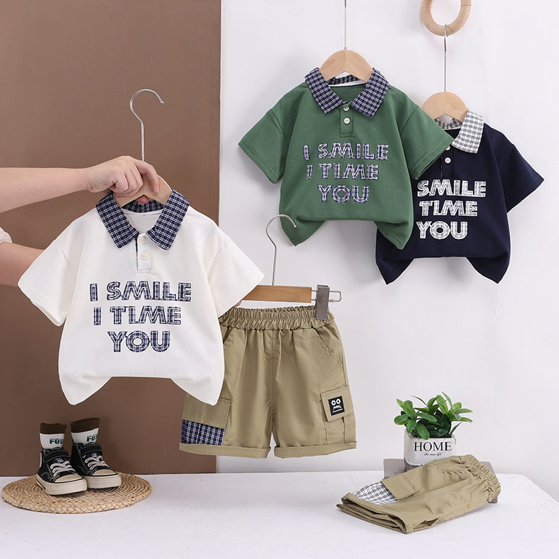 Boys' Summer Outfit 2026 New Style 1-2-3 Years Old, Stylish Plaid Patchwork Short Sleeve and Shorts Two-Piece Set for 4-Year-Olds