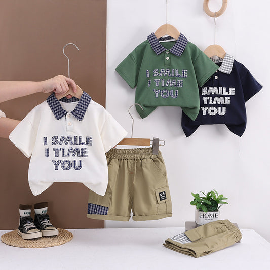 Boys' Summer Outfit 2026 New Style 1-2-3 Years Old, Stylish Plaid Patchwork Short Sleeve and Shorts Two-Piece Set for 4-Year-Olds