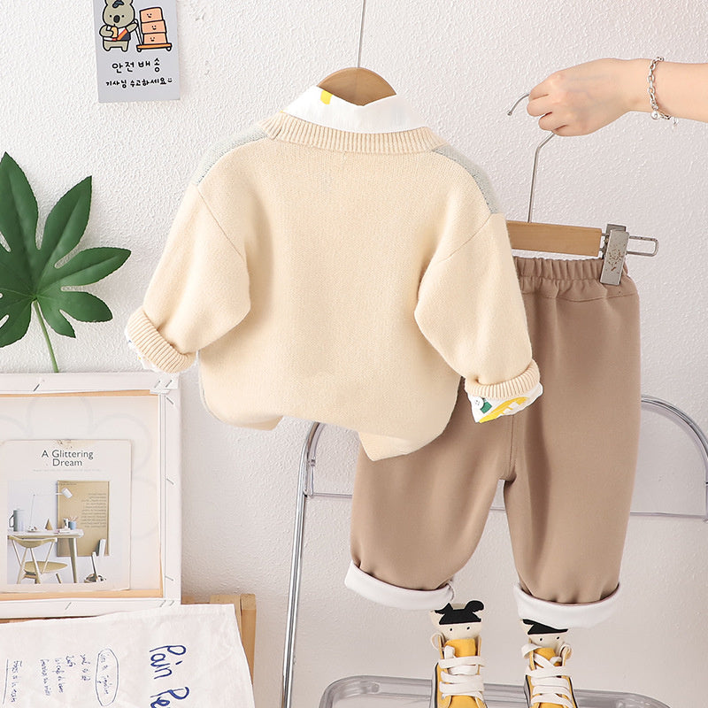 Boy Autumn Outfit Bear Cardigan Three-Piece Set 2024 New Style 1-2-3 Years Old Toddler Clothing Baby Trend