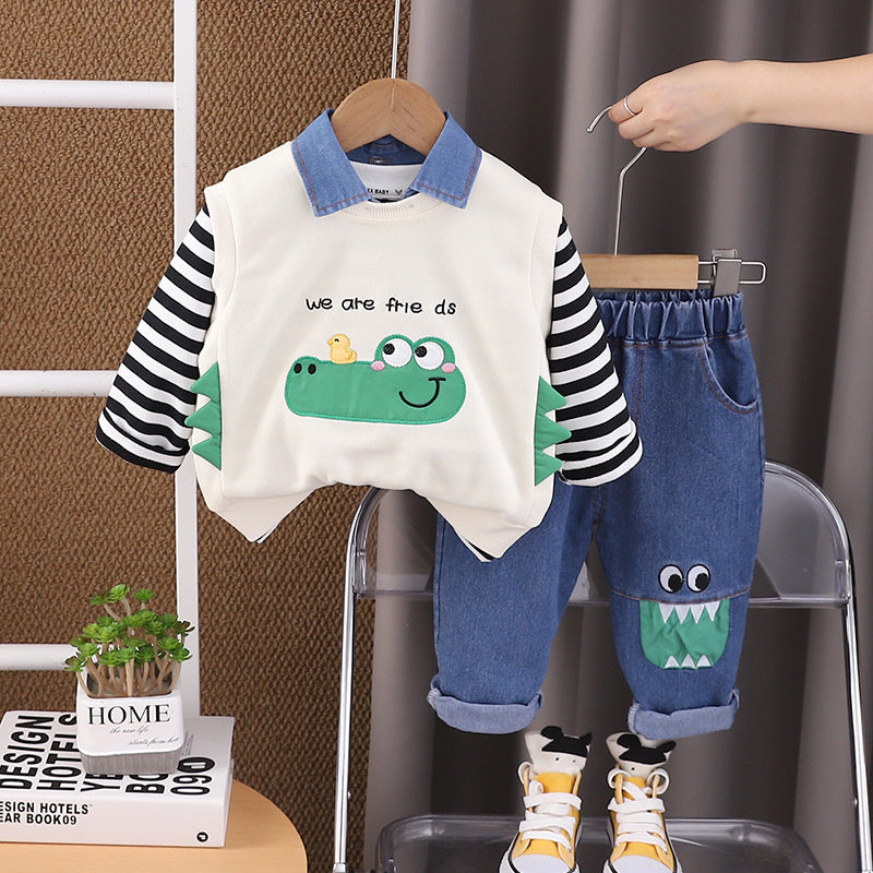 Children's Clothing Boys' 2024 New Cute Crocodile Vest Three-Piece Set Baby Autumn Stylish Cartoon Kids