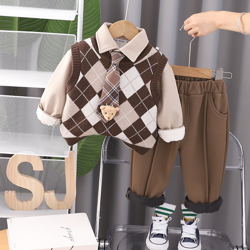 Baby Outfit Fashionable Stylish Fleece-Lined Children's Clothing Boys Winter Tie Pendant Bear Thickened Three-Piece Set Trendy