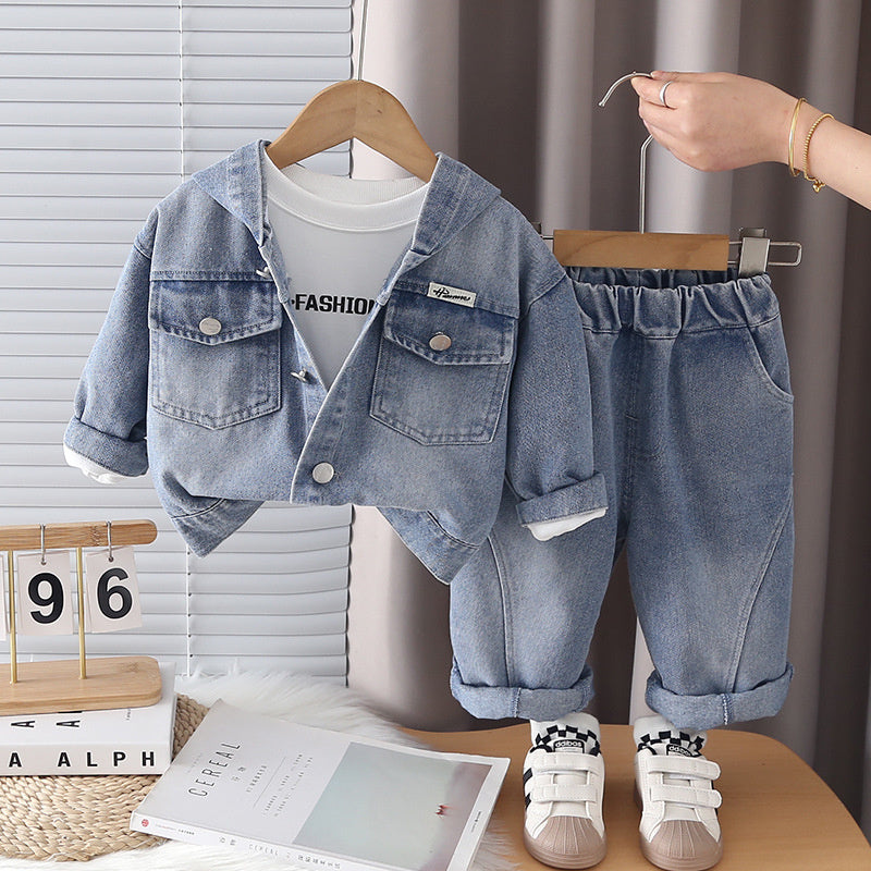 Boys' Outfit 2026 New Fashionable Casual Hooded Denim Three-Piece Set for Boys Spring and Autumn Trendy
