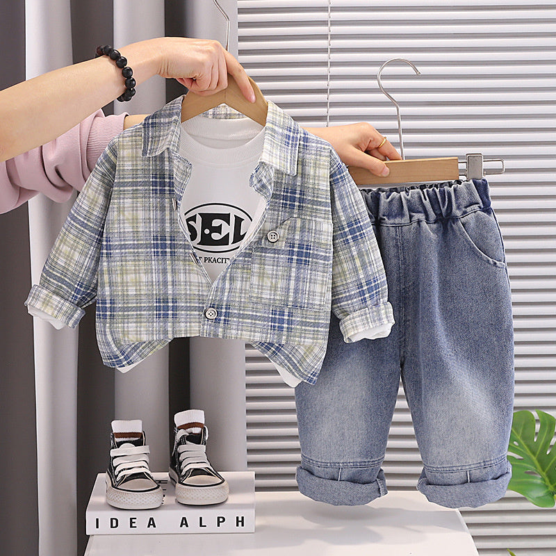 Boys' Outfit 2026 New Style Infant Children's Spring and Autumn Stylish Plaid Shirt Three-Piece Set for Baby Boys