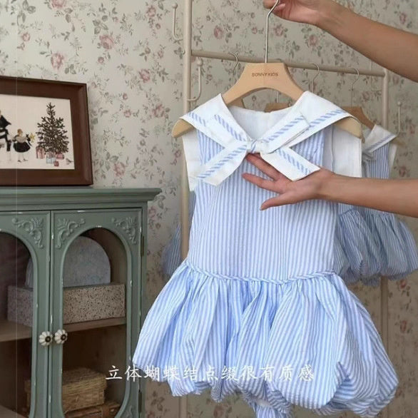 Girls' French Navy Collar Blue Striped Dress, Stylish and Elegant Slim Fit Bud Dress N222