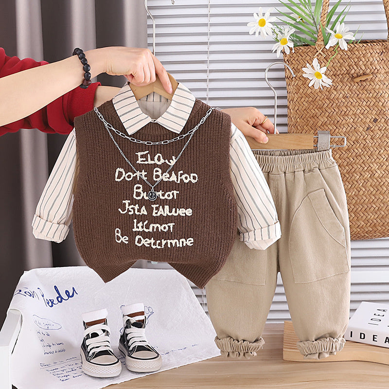 Boys' and Autumn Three-Piece Sweater Set, Children's Casual Long-Sleeve Clothing, Fashionable Spring Outfit for Kids