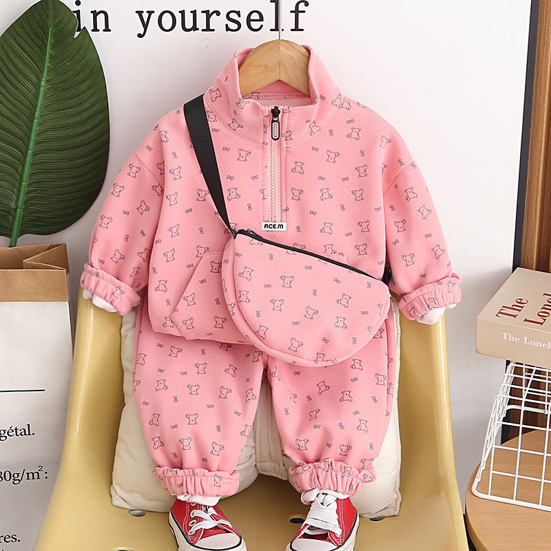 Korean-style boys' outfit casual baby spring bear bag sweatshirt two-piece set, infant and toddler clothing