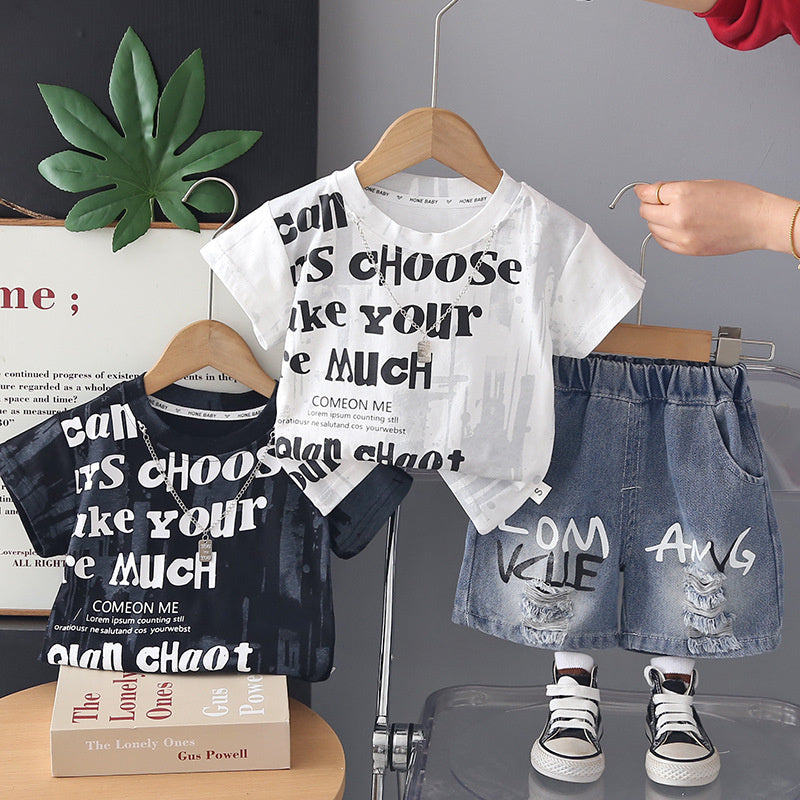 Boys' Outfit 2026 New Style: Toddler Summer Tie-Dye Letter Print Short Sleeve Shorts Two-Piece Set, Stylish and Trendy for Babies