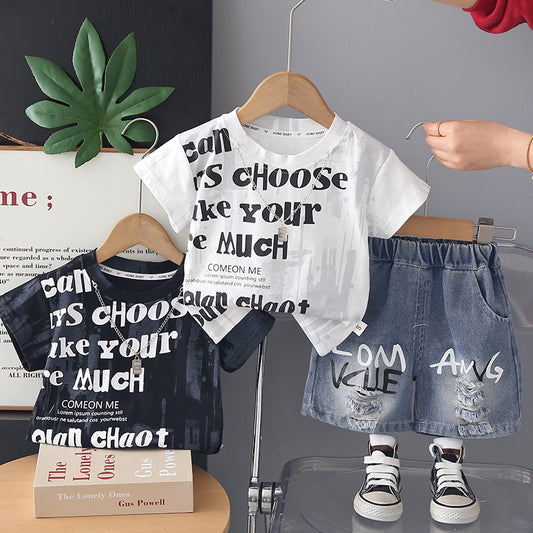 Boys' Outfit 2026 New Style: Toddler Summer Tie-Dye Letter Print Short Sleeve Shorts Two-Piece Set, Stylish and Trendy for Babies