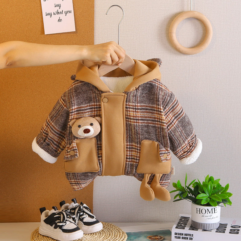 Boys' 2025 New Thickened Fleece Cartoon Pocket Bear Stylish Versatile Single Piece Plaid Jacket