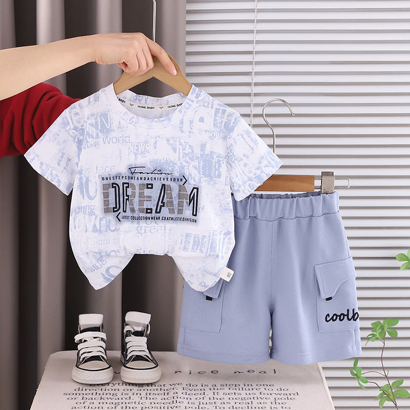 New stylish outfit for boys 2026, baby painted letter short-sleeve clothing, children's summer two-piece trendy set
