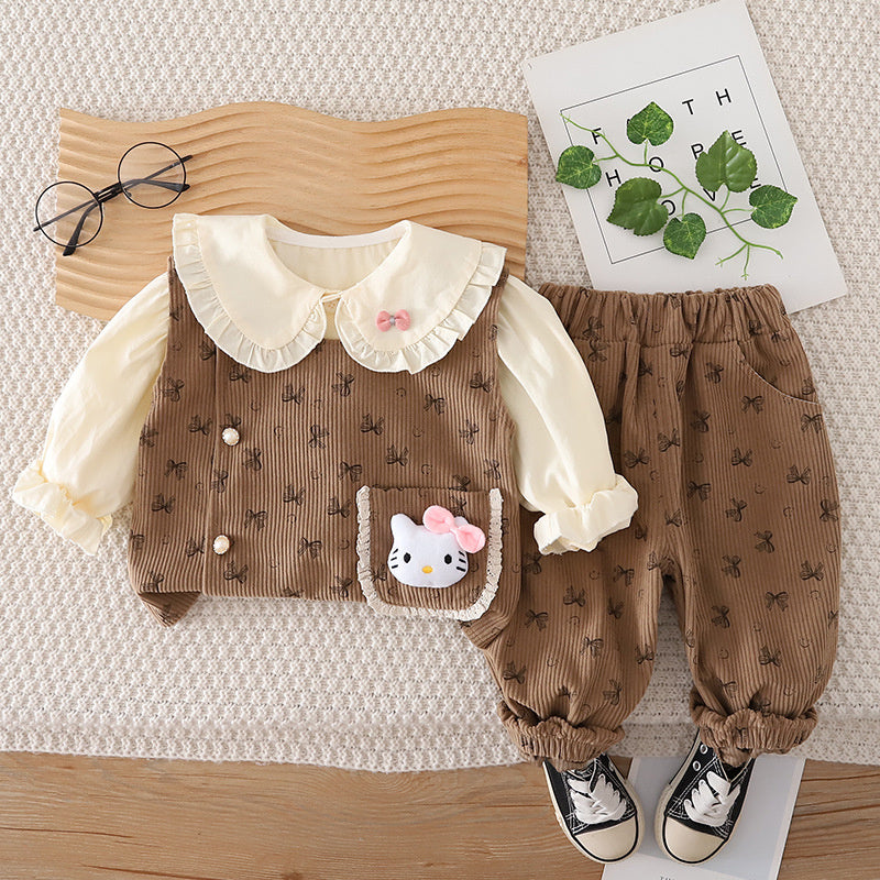 Girls' Outfit 2026 New Fashionable Children's Spring and Autumn Corduroy Bow Three-Piece Set for Girls