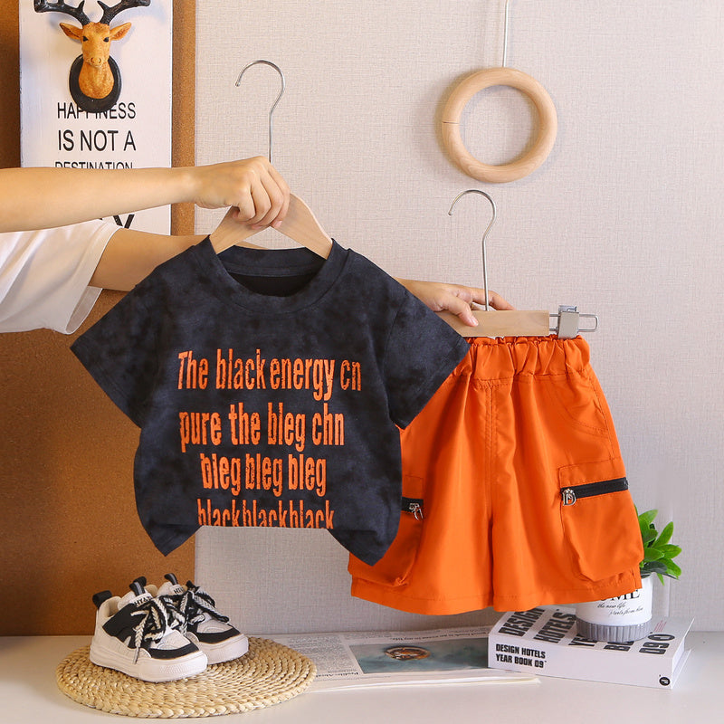 Children's 2026 New Summer Style Boys, English Pocket Pants Short-Sleeve Two-Piece Set for Toddlers and Young Children