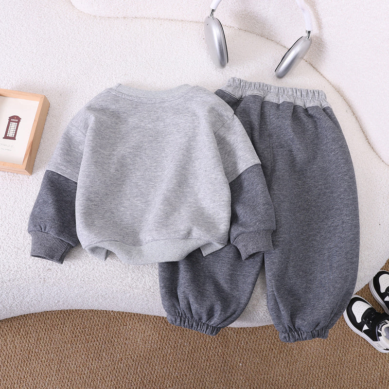 Boys' Fashionable Cartoon Kitten Patchwork Sleeve Sweatshirt Two-Piece Set Baby Autumn Stylish Infant Children's Clothing