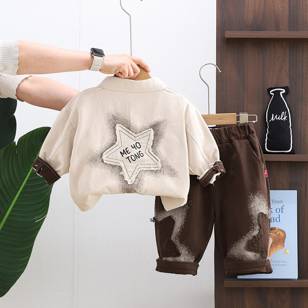 Boys' Outfit 2026 New Style Infant Children's Spring and Autumn Fashionable Baby Clothes Spray-Painted Three-Piece Set