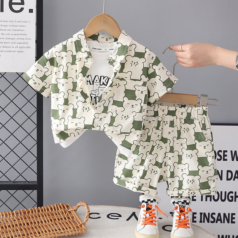 Boys' Summer Outfit 2026 New Fashionable Korean Style Thin Little Bear Shirt Short Sleeve Three-Piece Set
