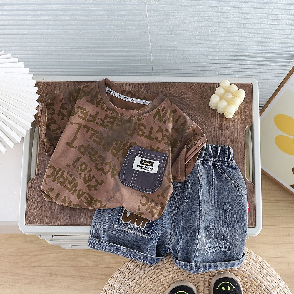 Boys' 2026 New Set: Infant and Toddler Pocket Short-Sleeve Casual Two-Piece Outfit Baby Summer Clothes