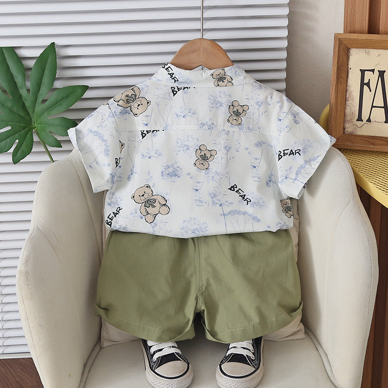 Boys' Outfit 2026 New Short-Sleeve Stylish Toddler Summer Wear Bear Shirt Two-Piece Set Baby Trendy Clothes