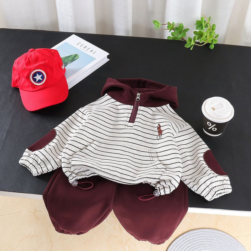 Boys' Outfit 2026 New Style Infant Children's Spring Autumn Striped Hooded Sweatshirt Two-Piece Set for Boys, Stylish and Trendy